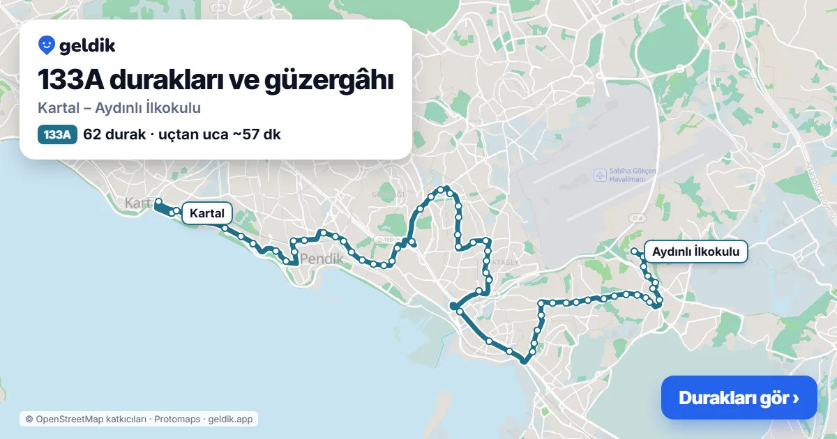 133A otobüs güzergâhı haritası: Kartal – Aydınlı İlkokulu, 62 durak