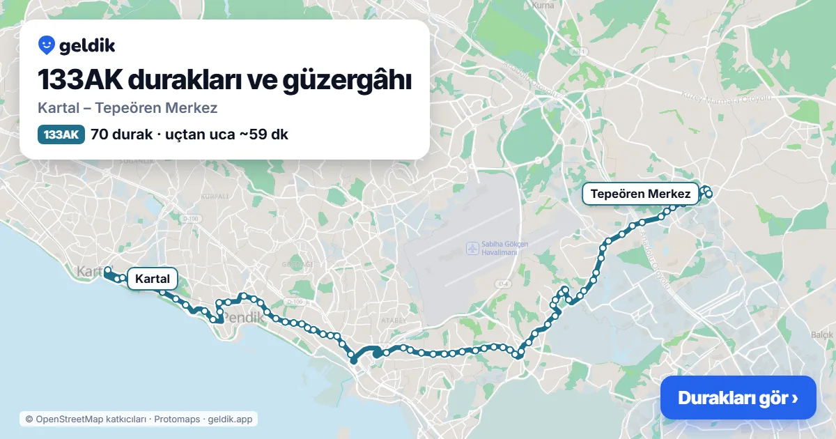 133AK otobüs güzergâhı haritası: Kartal – Tepeören Merkez, 70 durak