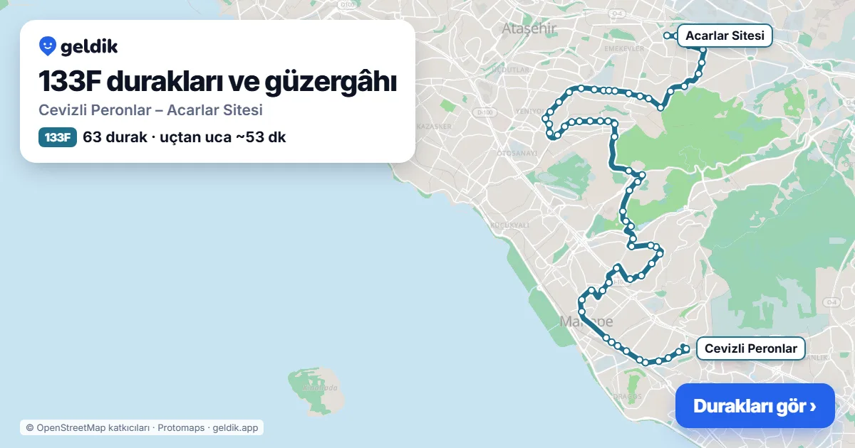 133F otobüs güzergâhı haritası: Cevizli Peronlar – Acarlar Sitesi, 63 durak