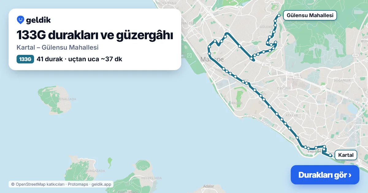 133G otobüs güzergâhı haritası: Kartal – Gülensu Mahallesi, 41 durak