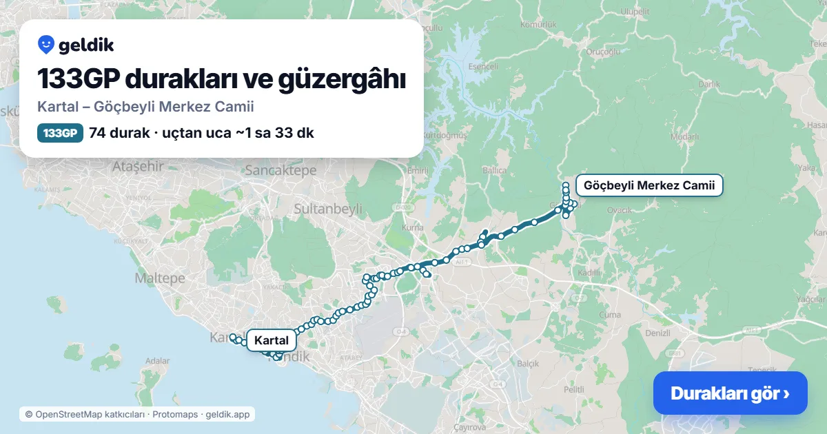 133GP otobüs güzergâhı haritası: Kartal – Göçbeyli Merkez Camii, 74 durak