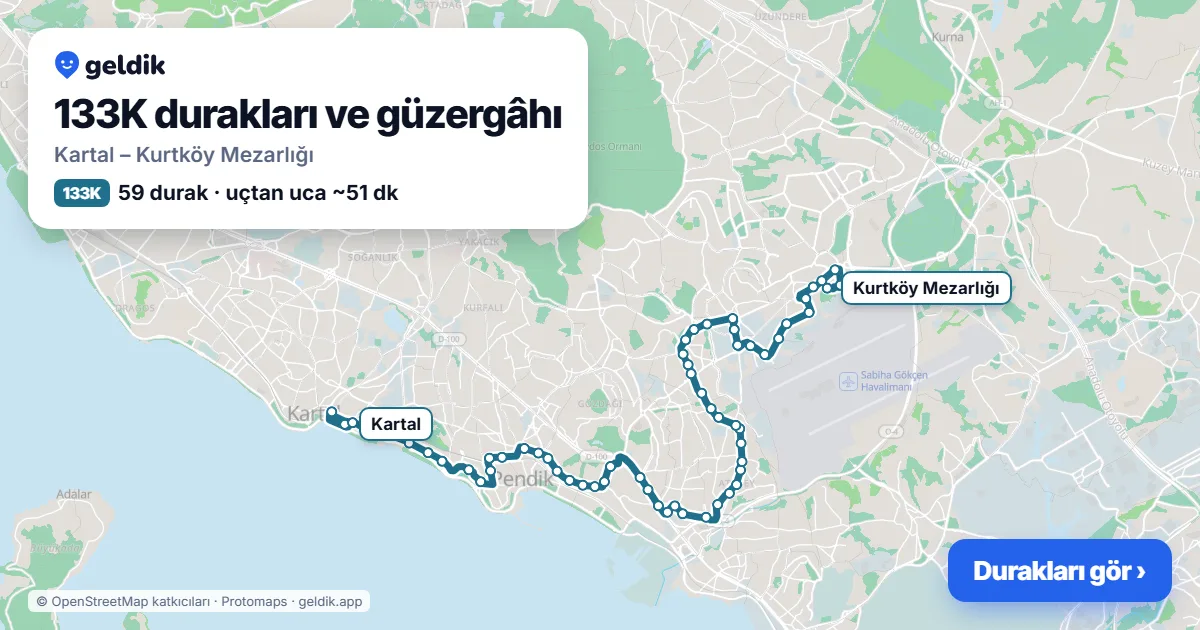 133K bus route map: Kartal – Kurtköy Mezarlığı, 59 stops