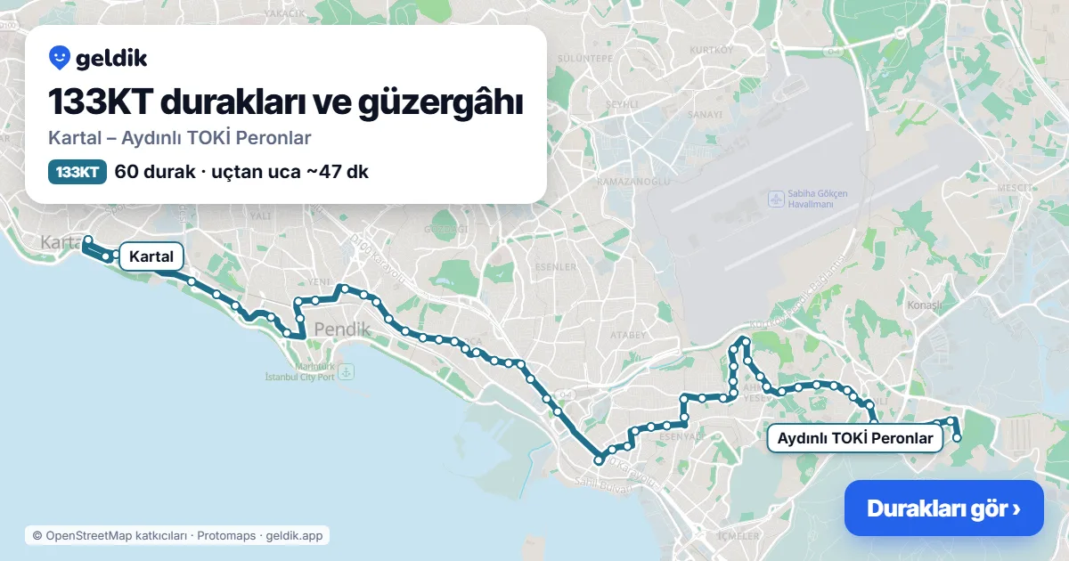133KT otobüs güzergâhı haritası: Kartal – Aydınlı TOKİ Peronlar, 60 durak