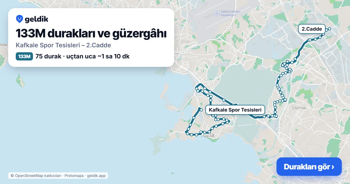 133M otobüs güzergâhı haritası: Kafkale Spor Tesisleri – 2.Cadde, 75 durak