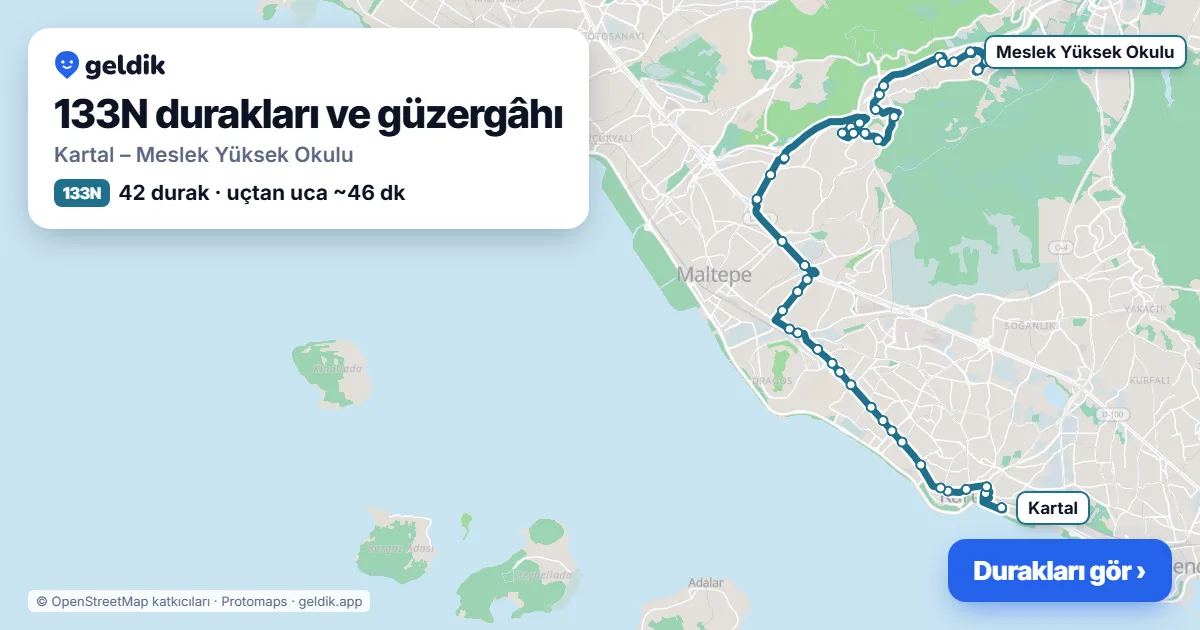 133N otobüs güzergâhı haritası: Kartal – Meslek Yüksek Okulu, 42 durak