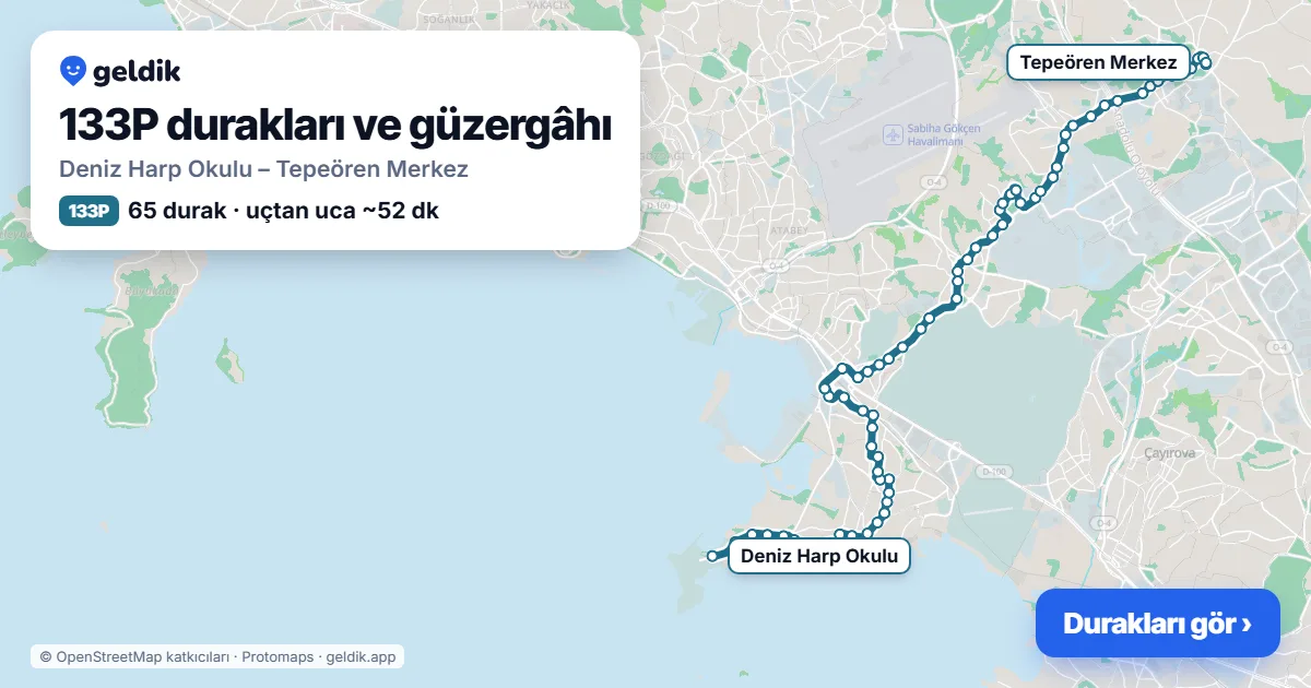 133P otobüs güzergâhı haritası: Deniz Harp Okulu – Tepeören Merkez, 65 durak