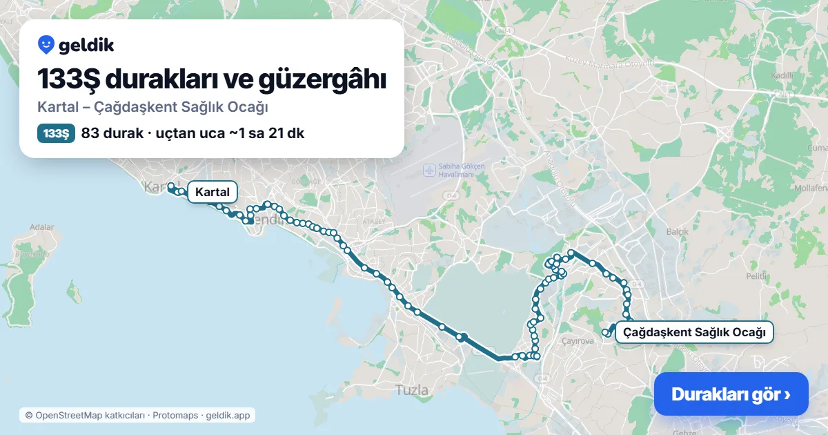 133Ş otobüs güzergâhı haritası: Kartal – Çağdaşkent Sağlık Ocağı, 83 durak