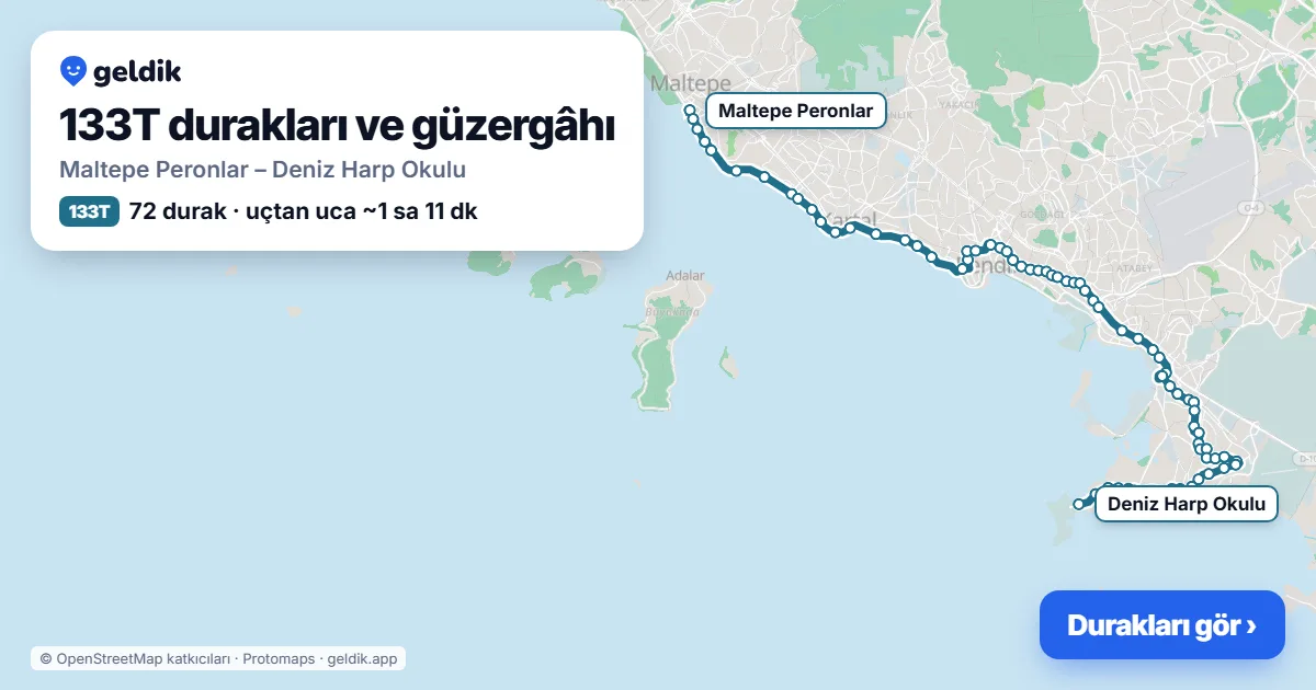 133T otobüs güzergâhı haritası: Maltepe Peronlar – Deniz Harp Okulu, 72 durak