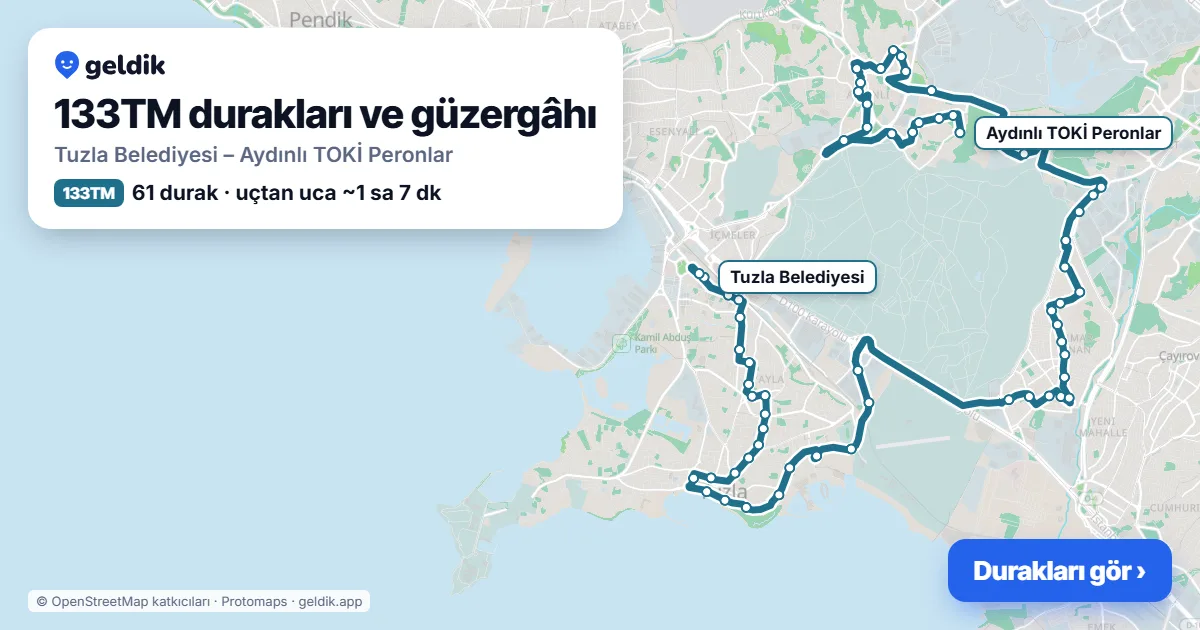 133TM otobüs güzergâhı haritası: Tuzla Belediyesi – Aydınlı TOKİ Peronlar, 61 durak