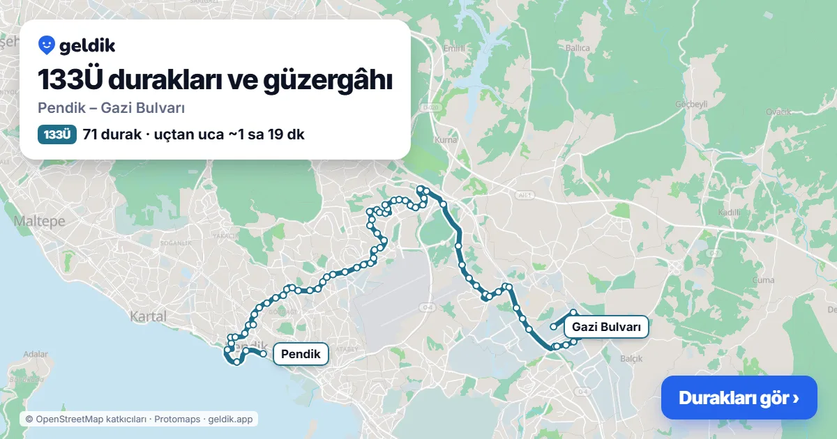 133Ü otobüs güzergâhı haritası: Pendik – Gazi Bulvarı, 71 durak