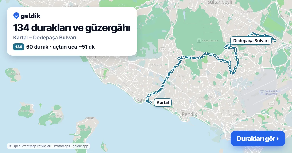 134 otobüs güzergâhı haritası: Kartal – Dedepaşa Bulvarı, 60 durak