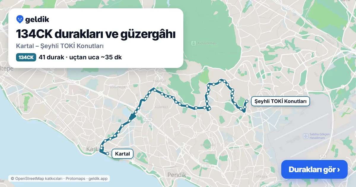 134CK otobüs güzergâhı haritası: Kartal – Şeyhli TOKİ Konutları, 41 durak