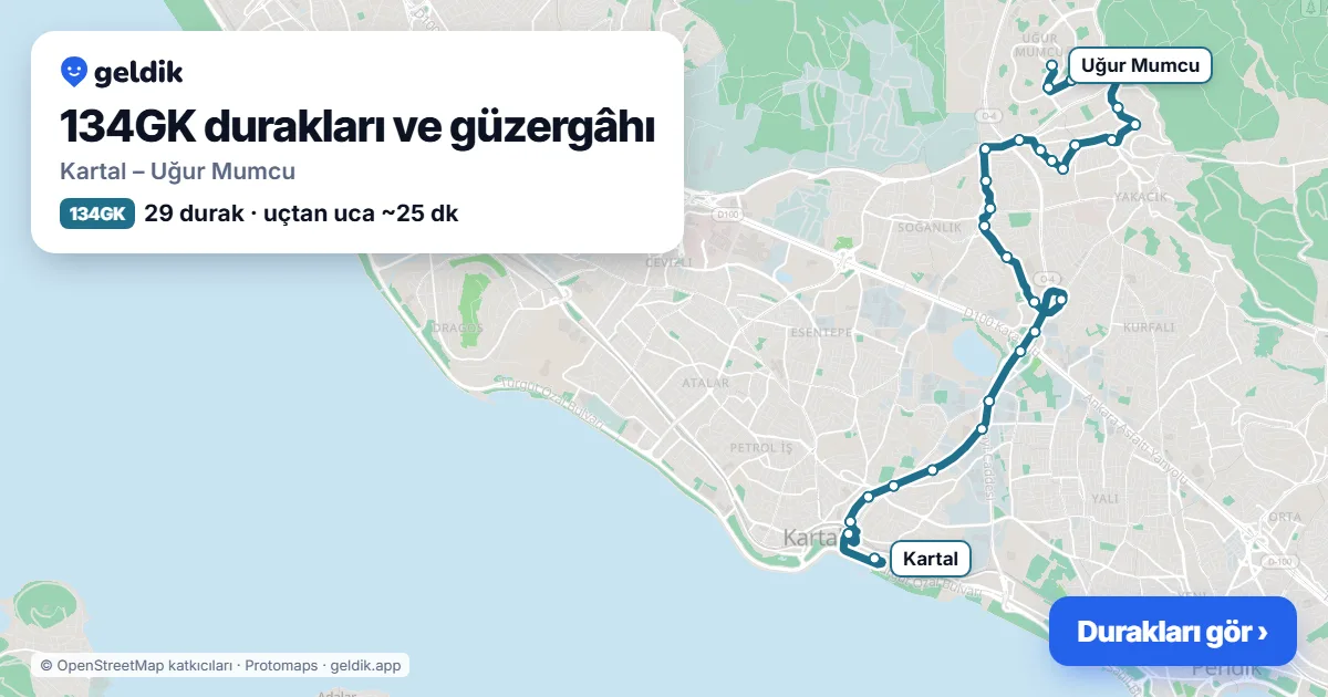 134GK otobüs güzergâhı haritası: Kartal – Uğur Mumcu, 29 durak