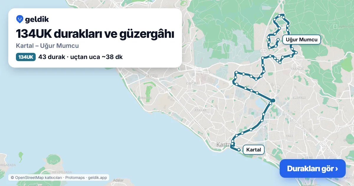 134UK otobüs güzergâhı haritası: Kartal – Uğur Mumcu, 43 durak