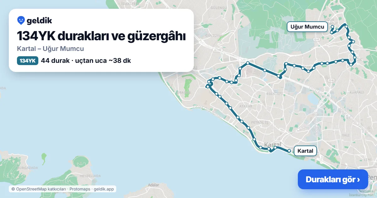 134YK otobüs güzergâhı haritası: Kartal – Uğur Mumcu, 44 durak