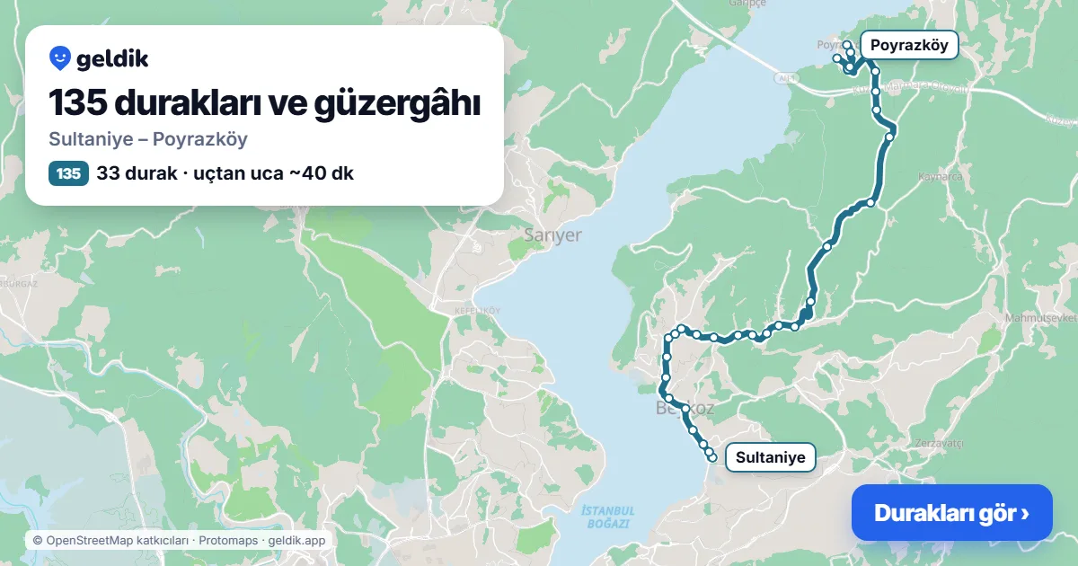 135 otobüs güzergâhı haritası: Sultaniye – Poyrazköy, 33 durak