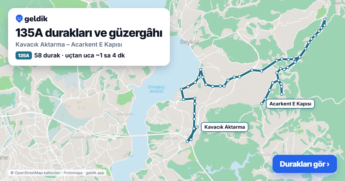 135A otobüs güzergâhı haritası: Kavacık Aktarma – Acarkent E Kapısı, 58 durak