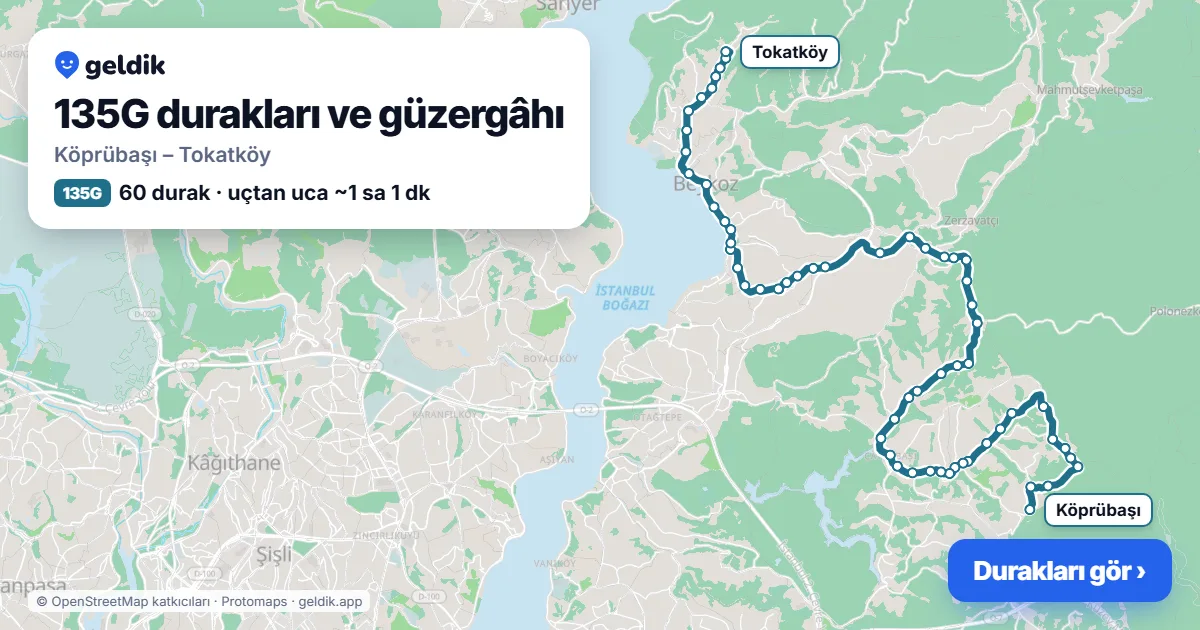 135G otobüs güzergâhı haritası: Köprübaşı – Tokatköy, 60 durak