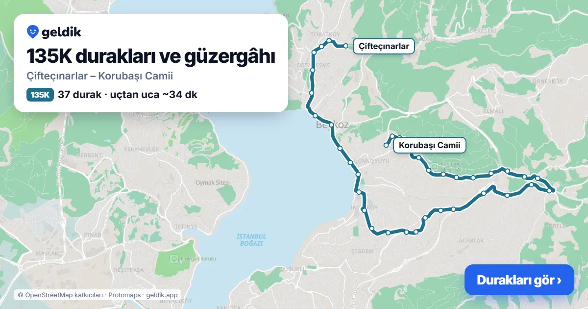 135K otobüs güzergâhı haritası: Çifteçınarlar – Korubaşı Camii, 37 durak