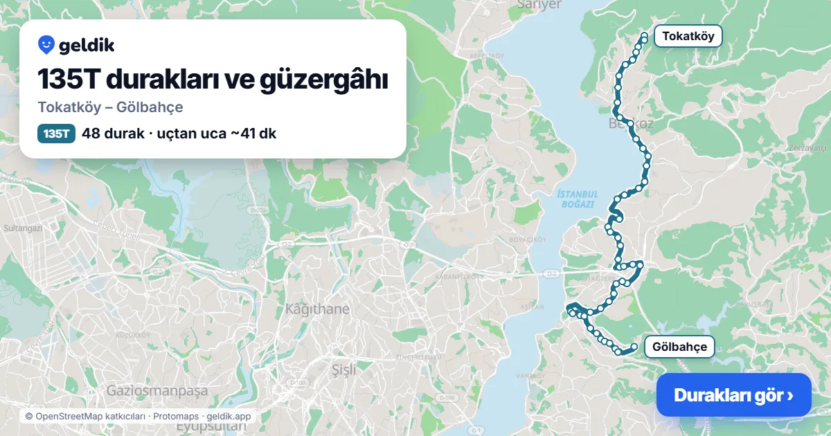 135T otobüs güzergâhı haritası: Tokatköy – Gölbahçe, 48 durak