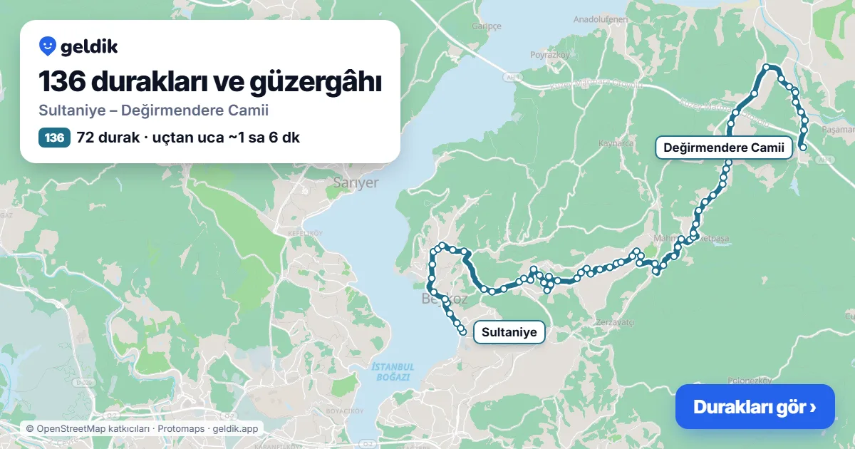 136 otobüs güzergâhı haritası: Sultaniye – Değirmendere Camii, 72 durak
