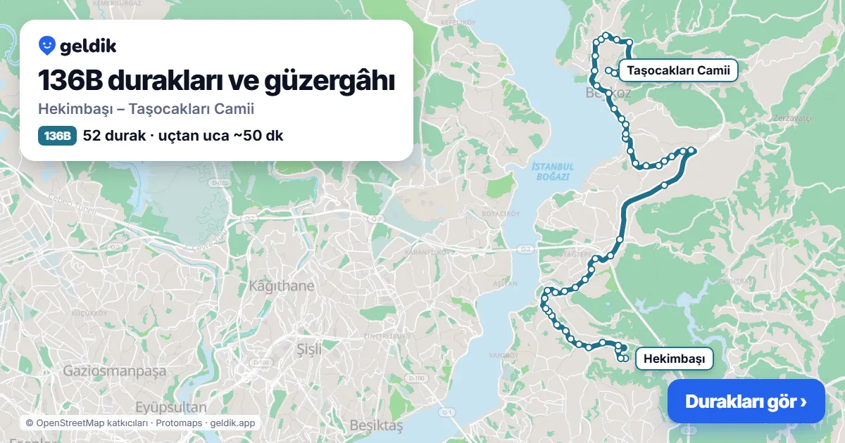136B otobüs güzergâhı haritası: Hekimbaşı – Taşocakları Camii, 52 durak