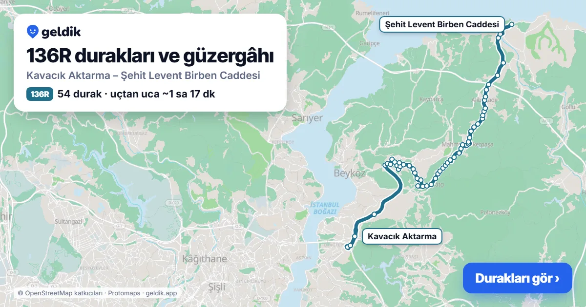 136R bus route map: Kavacık Aktarma – Şehit Levent Birben Caddesi, 54 stops