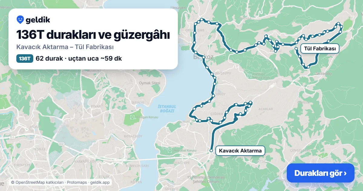 136T otobüs güzergâhı haritası: Kavacık Aktarma – Tül Fabrikası, 62 durak