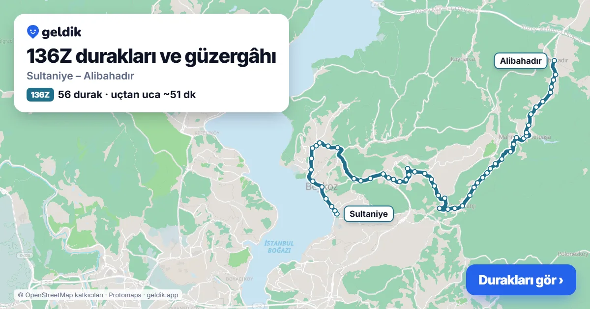 136Z otobüs güzergâhı haritası: Sultaniye – Alibahadır, 56 durak