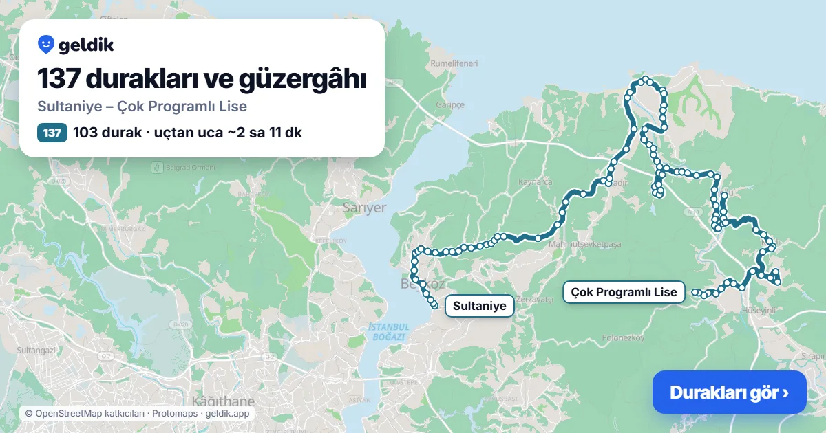 137 otobüs güzergâhı haritası: Sultaniye – Çok Programlı Lise, 103 durak