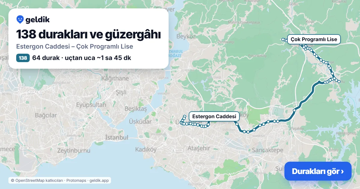 138 otobüs güzergâhı haritası: Estergon Caddesi – Çok Programlı Lise, 64 durak