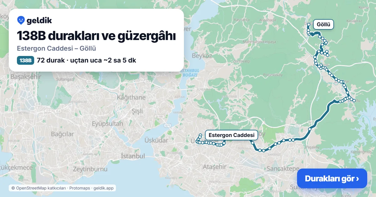 138B otobüs güzergâhı haritası: Estergon Caddesi – Göllü, 72 durak