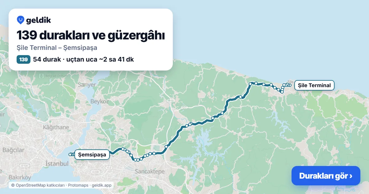 139 otobüs güzergâhı haritası: Şile Terminal – Şemsipaşa, 54 durak