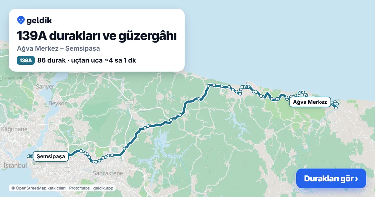 139A otobüs güzergâhı haritası: Ağva Merkez – Şemsipaşa, 86 durak