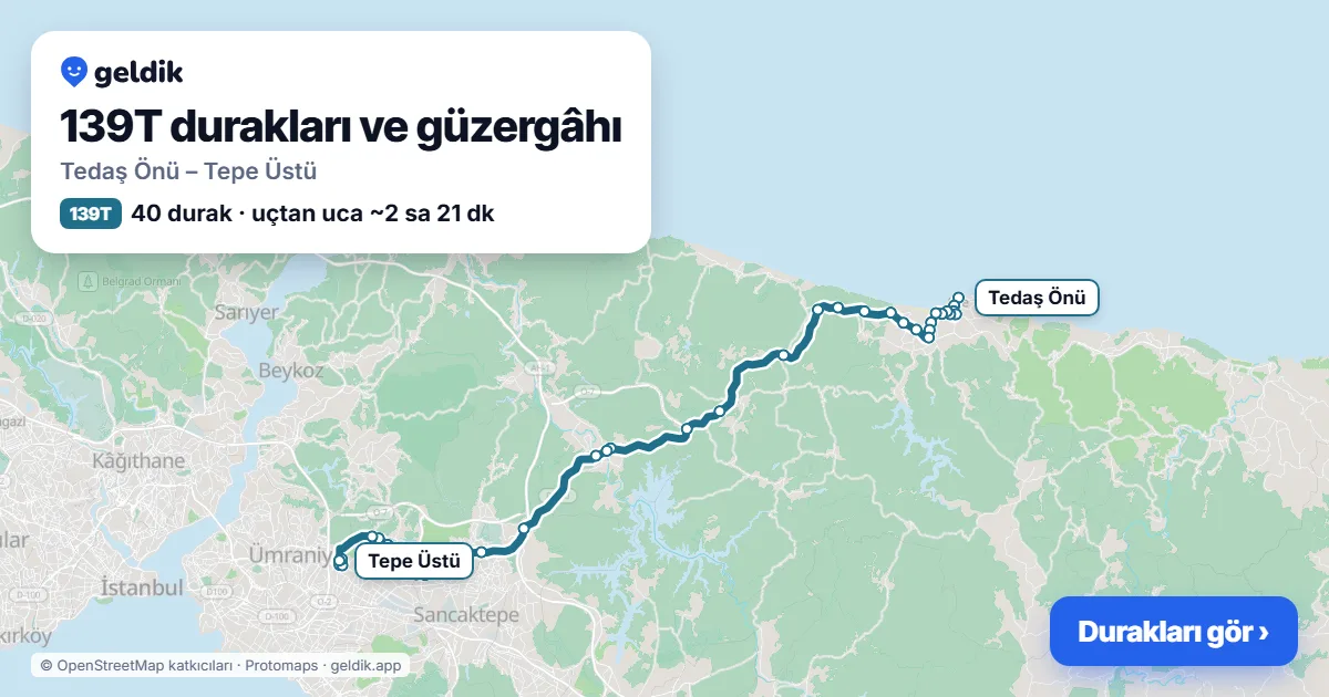 139T otobüs güzergâhı haritası: Tedaş Önü – Tepe Üstü, 40 durak
