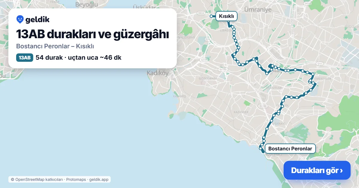 13AB otobüs güzergâhı haritası: Bostancı Peronlar – Kısıklı, 54 durak