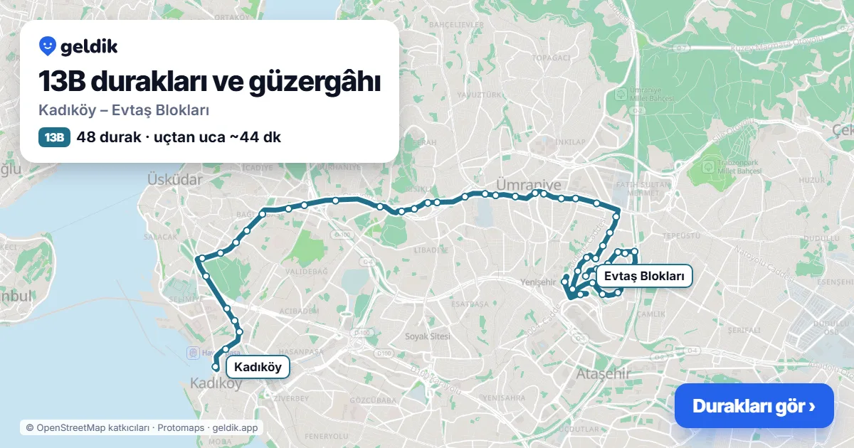 13B otobüs güzergâhı haritası: Kadıköy – Evtaş Blokları, 48 durak