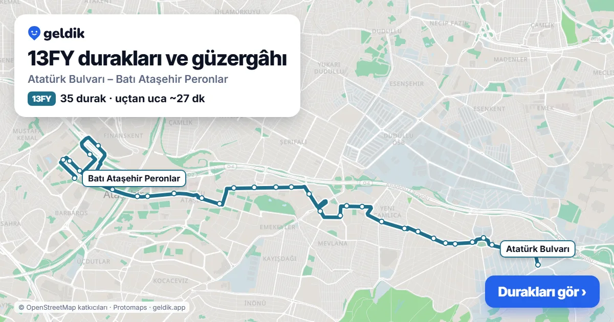 13FY otobüs güzergâhı haritası: Atatürk Bulvarı – Batı Ataşehir Peronlar, 35 durak