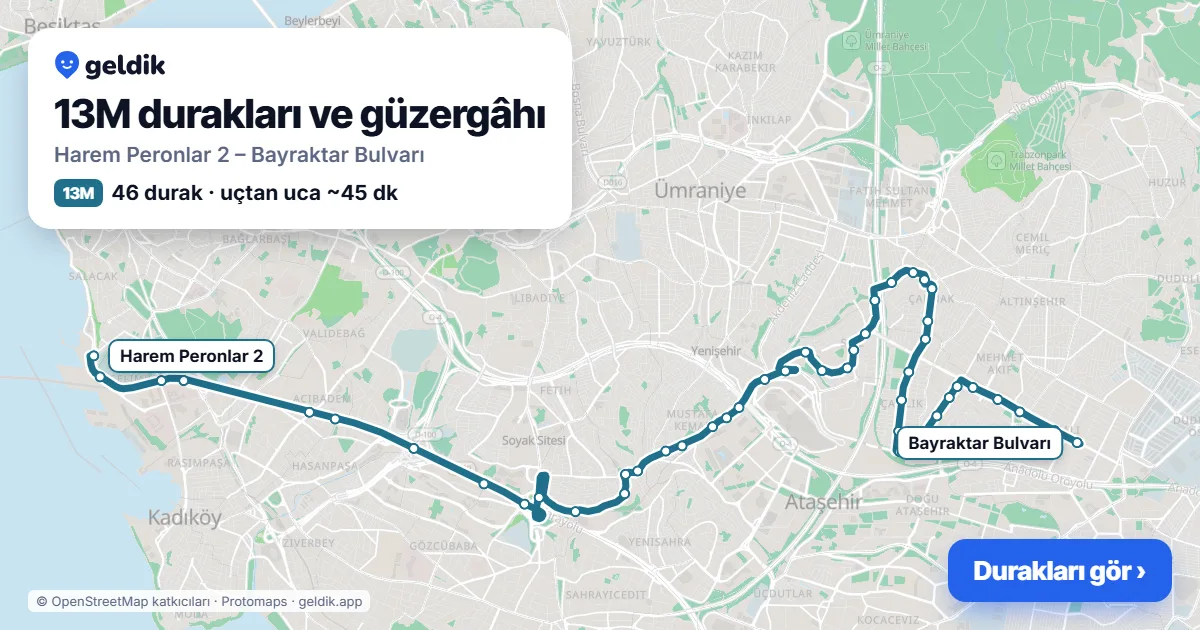 13M otobüs güzergâhı haritası: Harem Peronlar 2 – Bayraktar Bulvarı, 46 durak