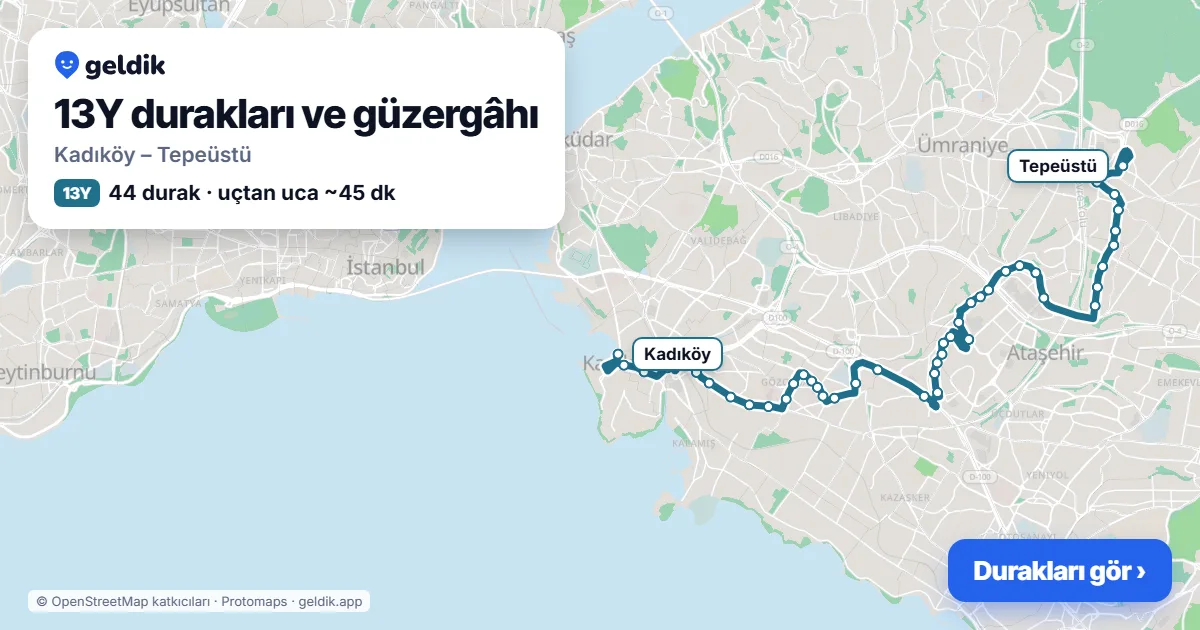 13Y otobüs güzergâhı haritası: Kadıköy – Tepeüstü, 44 durak