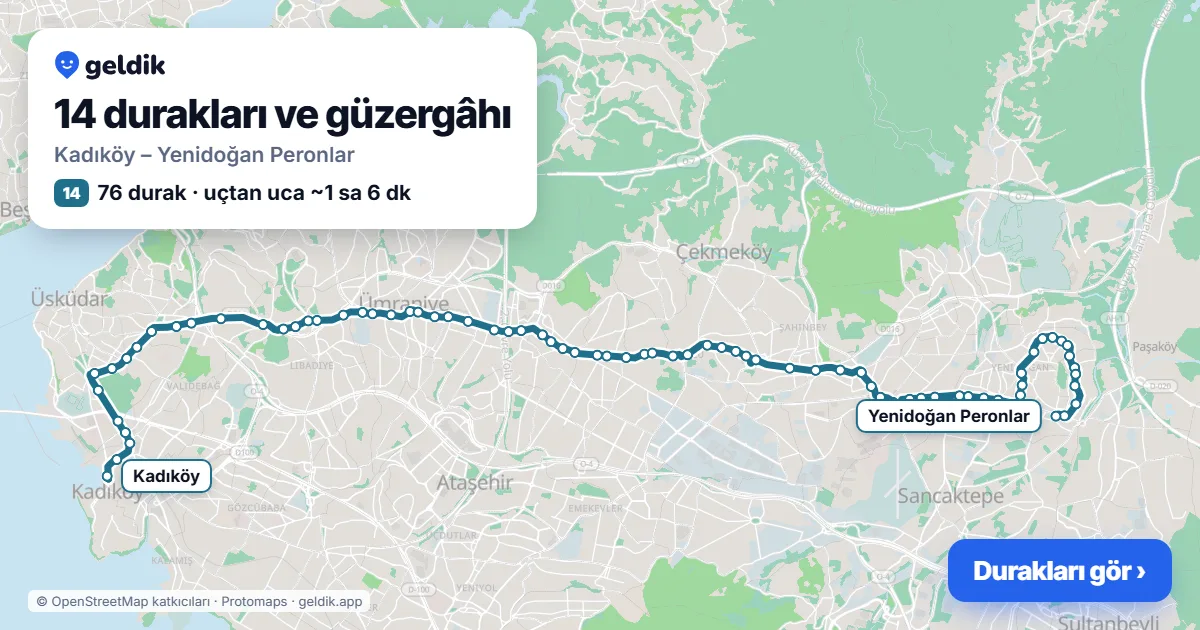 14 otobüs güzergâhı haritası: Kadıköy – Yenidoğan Peronlar, 76 durak