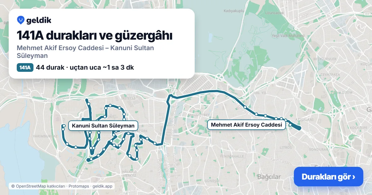 141A otobüs güzergâhı haritası: Mehmet Akif Ersoy Caddesi – Kanuni Sultan Süleyman, 44 durak