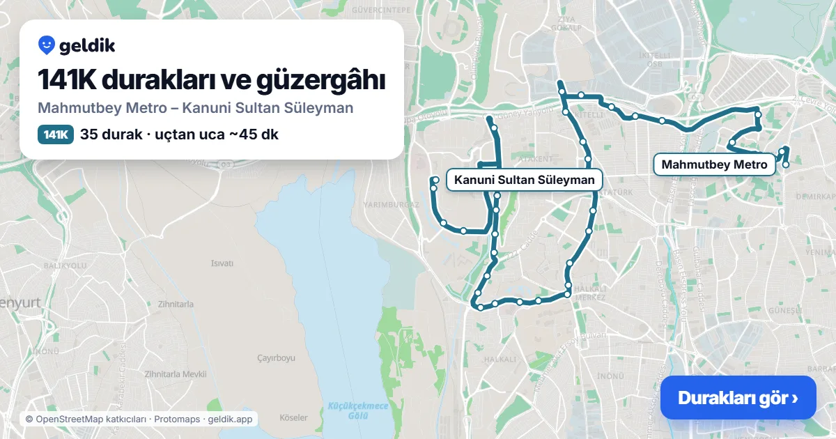 141K otobüs güzergâhı haritası: Mahmutbey Metro – Kanuni Sultan Süleyman, 35 durak