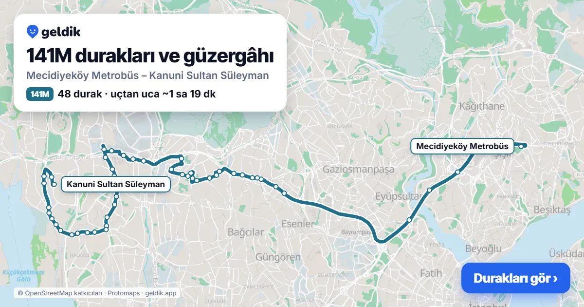 141M otobüs güzergâhı haritası: Mecidiyeköy Metrobüs – Kanuni Sultan Süleyman, 48 durak