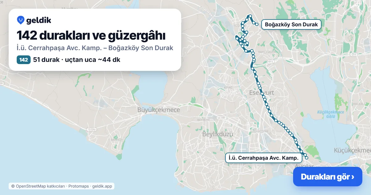 142 otobüs güzergâhı haritası: İ.ü. Cerrahpaşa Avc. Kamp. – Boğazköy Son Durak, 51 durak
