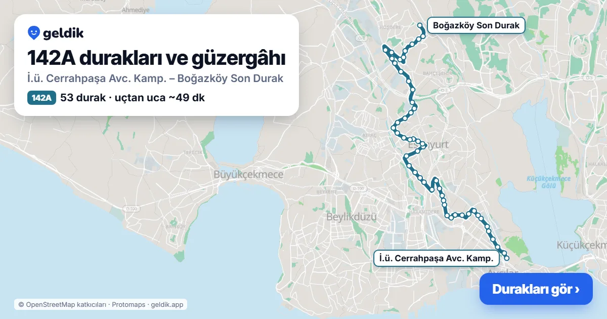 142A otobüs güzergâhı haritası: İ.ü. Cerrahpaşa Avc. Kamp. – Boğazköy Son Durak, 53 durak