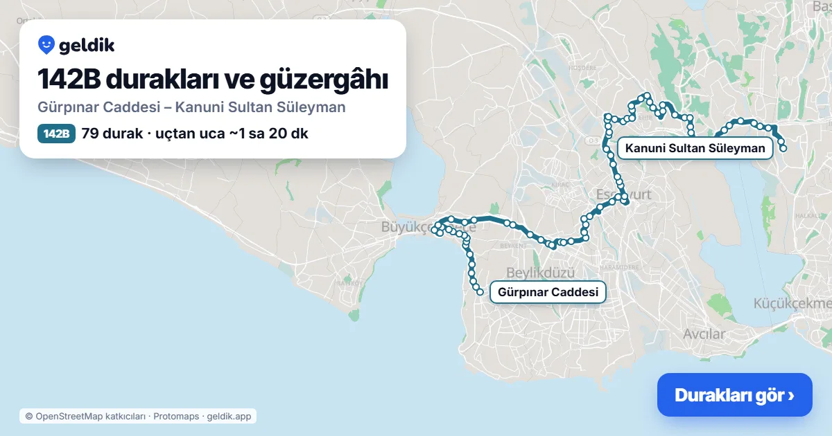 142B otobüs güzergâhı haritası: Gürpınar Caddesi – Kanuni Sultan Süleyman, 79 durak