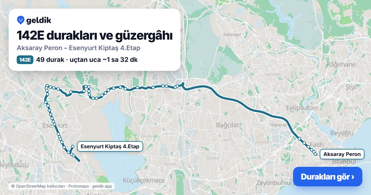 142E otobüs güzergâhı haritası: Aksaray Peron – Esenyurt Kiptaş 4.Etap, 49 durak