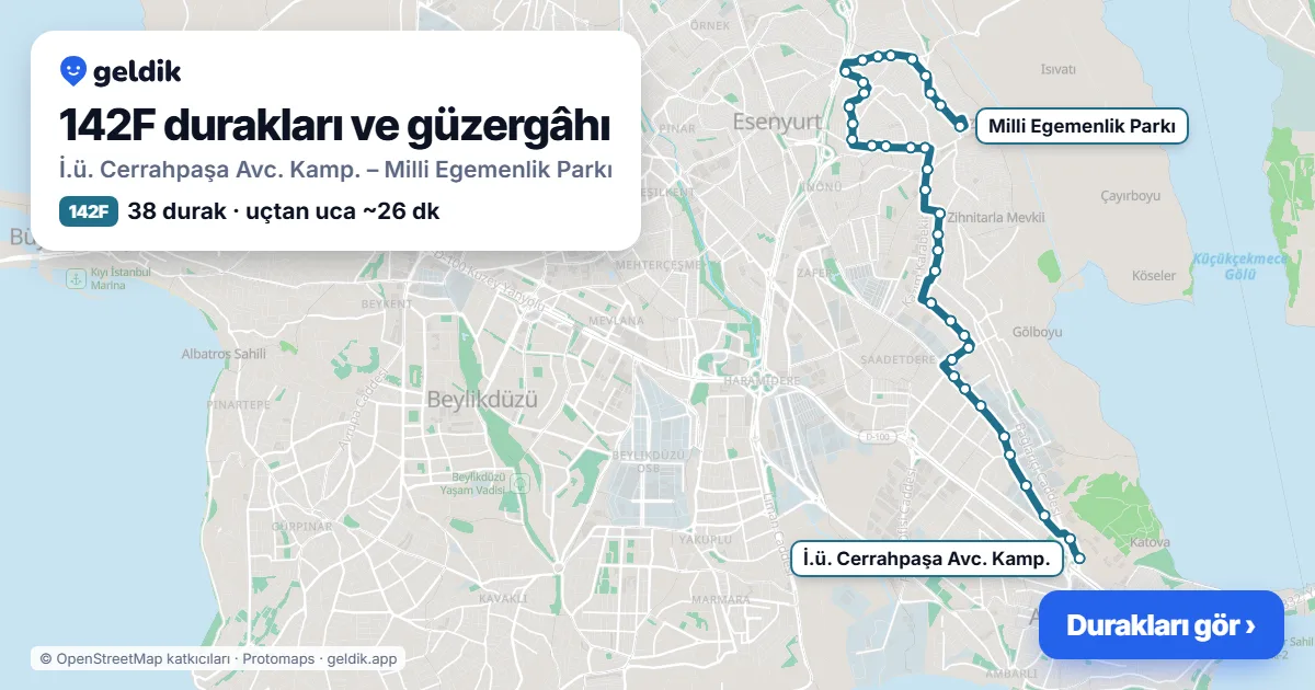 142F otobüs güzergâhı haritası: İ.ü. Cerrahpaşa Avc. Kamp. – Milli Egemenlik Parkı, 38 durak