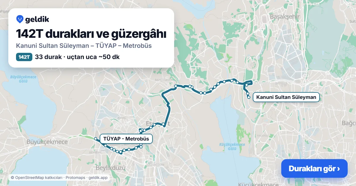 142T otobüs güzergâhı haritası: Kanuni Sultan Süleyman – TÜYAP – Metrobüs, 33 durak